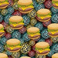 Seamless pattern with doodle hamburger on the artistic background.