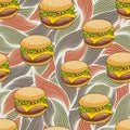 Seamless pattern with doodle hamburger on the artistic background.