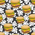 Seamless pattern with doodle hamburger on the artistic background.