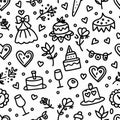 Seamless pattern with doodle hearts, cakes, and flowers Royalty Free Stock Photo