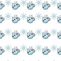 Seamless pattern doodle hot drink in a gentle blue cup with a snowflake is arranged in symmetrical horizontal rows together with Royalty Free Stock Photo