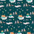 Seamless pattern with houses and bambi