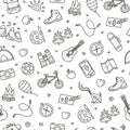 Seamless pattern with doodle kids camp, outdoor icons.