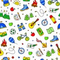 Seamless pattern with doodle kids camp, outdoor icons.