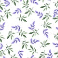 Seamless pattern with doodle lialc and green branches. Hand drawn watercolor illustration.