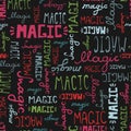 Seamless pattern doodle MAGIC words on black background Royalty Free Stock Photo