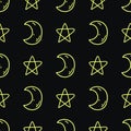 Seamless pattern with doodle moon and stars in neon yellow color on black background. Vector illustration of celestial Royalty Free Stock Photo