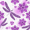 Seamless pattern with doodle mosaic purple gragonflies and grunge flowers Royalty Free Stock Photo