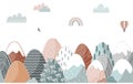 Seamless pattern with doodle mountains in Scandinavian style. Decorative landscape border background. Cute hand drawn