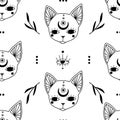 Seamless pattern with doodle mystic cat heads