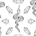 Seamless pattern with doodle mystic snakes, crystals