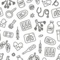 Seamless pattern with doodle outline pneumonia icons.