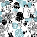 Seamless pattern with doodle penguins and frozen roses.