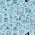 seamless pattern with doodle pirate and nautical elements. Cute doodle pirate bundle, ship, whale, island, octopus, chest