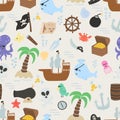 seamless pattern with doodle pirate and nautical elements. Cute doodle pirate bundle, ship, whale, island, octopus, chest