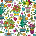 Seamless pattern doodle plants in pots, floral background.