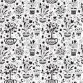 Seamless pattern doodle plants in pots, floral background.