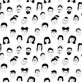Seamless pattern doodle portraits of men and women, black white vector illustration