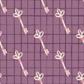 Seamless pattern with doodle simple pink and white colored keys shapes. Purple light chequered background. Vintage backdrop Royalty Free Stock Photo