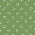 Seamless pattern in doodle style with blue harebell print. Green background. Floral decorative shapes