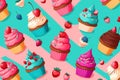 Seamless pattern with doodle-style cupcakes. Different cupcakes with different fillings and toppings. Colorful vector illustration