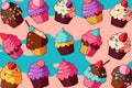 Seamless pattern with doodle-style cupcakes. Different cupcakes with different fillings and toppings. Colorful vector illustration