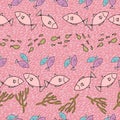 Seamless pattern doodle style, cute coral reef and fishes Royalty Free Stock Photo