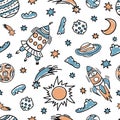 Seamless pattern doodle style rockets, planets, comets, Saturn, stars, asteroids, sun, moon, spaceship and clouds Royalty Free Stock Photo