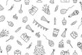 Seamless pattern in doodle style. Set of birthday party elements with cute black line design. Birthday Doodle Vector Royalty Free Stock Photo