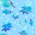 Seamless pattern with doodle style unicorns,trees and leaves on blue background