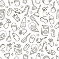 Seamless Pattern Doodle style vector cleaning elements. A set of drawings of cleaning products and items. Room washing kit Royalty Free Stock Photo