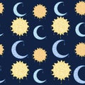 Seamless pattern doodle, sun and moon. Kids seamless pattern. Royalty Free Stock Photo