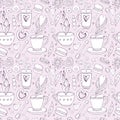 Seamless pattern of Doodle tea and coffee hand drawn in outline. Tea time elements. Cup, mug, spoon, dessert, cookies, souffle,