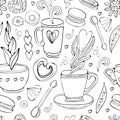 Seamless pattern of Doodle tea and coffee hand drawn in outline. Tea time elements. Cup, mug, spoon, dessert, cookies, souffle,