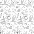 Seamless pattern of Doodle tea and coffee hand drawn in outline. Tea time elements. Cup, mug, spoon, dessert, cookies, souffle, Royalty Free Stock Photo