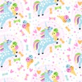 Seamless pattern doodle unicorns and candy vector illustration Royalty Free Stock Photo