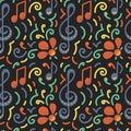 Seamless pattern. Doodle Poster, card music concert festival. Musical note, treble clef, flowers