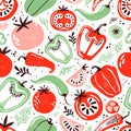 Seamless pattern doodle vegetables on white background. Red and green pepper, hot chili, tomatoes, jalapeno, paprika Royalty Free Stock Photo