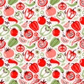 Seamless pattern doodle vegetables on white background. Red and green pepper, hot chili, tomatoes, jalapeno, paprika Royalty Free Stock Photo