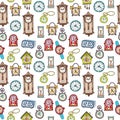 Seamless pattern with doodle watches and clocks. Royalty Free Stock Photo