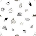 Seamless pattern with doodles food. Black and white vector template.