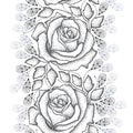 Seamless pattern with dotted black roses, leaves and stylized gray petals on the white background.