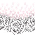 Seamless pattern with dotted black roses, leaves and stylized pink petals on the white background.