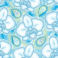 Seamless pattern with dotted moth Orchid or Phalaenopsis in blue and decorative lace on the white background. Royalty Free Stock Photo