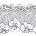 Seamless pattern with dotted moth Orchid or Phalaenopsis, white swirls and decorative lace on the gray background. Royalty Free Stock Photo