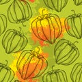 Seamless pattern with dotted Physalis or Cape gooseberry on the orange blots background