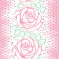 Seamless pattern with dotted pink roses, green leaves and decorative lace on the white background.