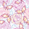 Seamless pattern with dotted roses, blue leaves and butterflies in pastel color on the white background.