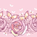 Seamless pattern with dotted roses, leaves and butterflies in pastel color on the pink background.