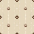 Seamless Pattern With Dotted Stripes And Realistic Dog Paw Prints. Minimal Flat Background With Pet Footprint And Bones